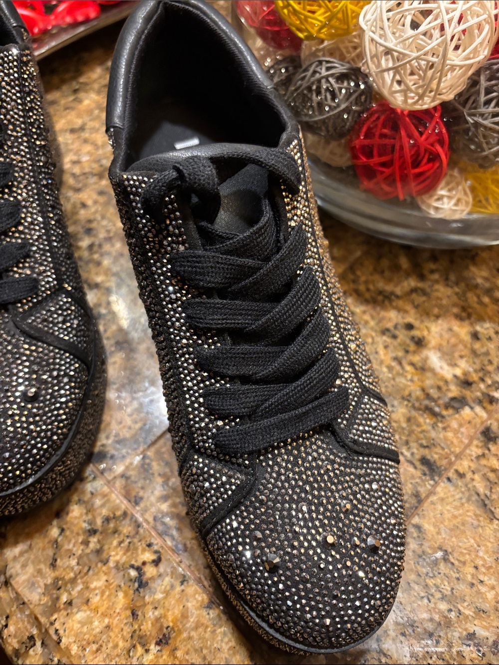 Black platform sneakers with all-over rhinestone embellishment. - Picture 7 of 9